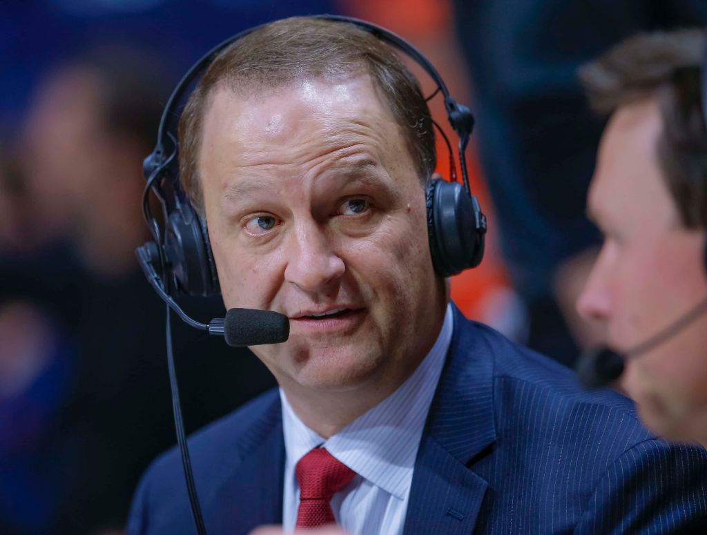Dan Dakich broadcasts a game for ESPN television during college basketball season.