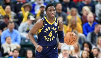 Pacers shooting guard Victor Oladipo brings up the ball in a 2018-19 game.