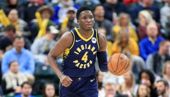 Victor Oladipo #4 of the Indiana Pacers dribbles the ball against of the Charlotte Hornets at Bankers Life Fieldhouse