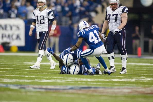 Indianapolis Colts MARLIN JACKSON #28, ROBERT MATHIS #98 and ANTOINE BETHEA #41 against New England Patriots