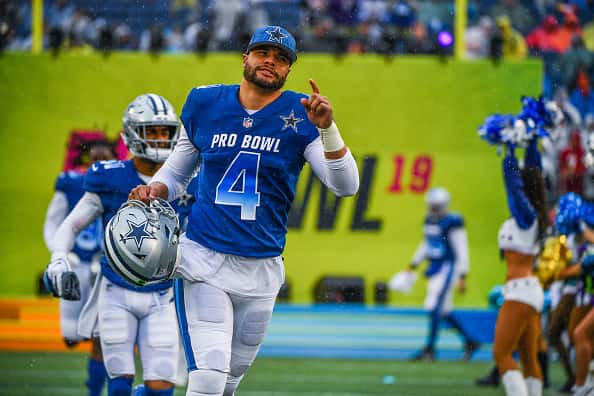 Dak Prescott #4 of the Dallas Cowboys gets introduced before the 2019 NFL Pro Bowl at Camping World Stadium