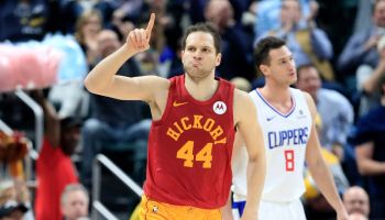Pacers forward Bojan Bogdanovic celebrates a three pointer in a February win over the Clippers.