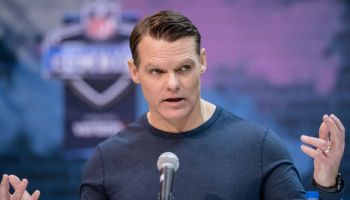 Colts GM Chris Ballard talks at the 2019 NFL Combine in Indianapolis.