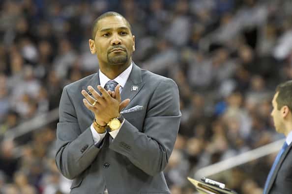 Head coach LaVall Jordan of the Butler Bulldogs looks on during a college basketball game against the Georgetown Hoyas