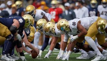 Notre Dame offensive and defensive line line-up against each other during their 2019 spring game.