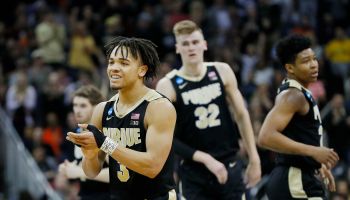 Carsen Edwards of Purdue claps his hands as #32, Matt Haarms of Purdue also looks on