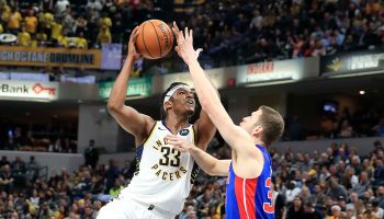 #33 Myles Turner of the Pacers drives to the basket against Jon Leuer of the Detroit Pistons