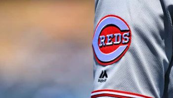 The Cincinnati Reds logo on a jersey during a MLB game between the Cincinnati Reds and the Los Angeles Dodgers