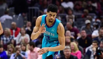 Jeremy Lamb #3 of the Charlotte Hornets celebrates after scoring against the Cleveland Cavaliers during the second half at Rocke