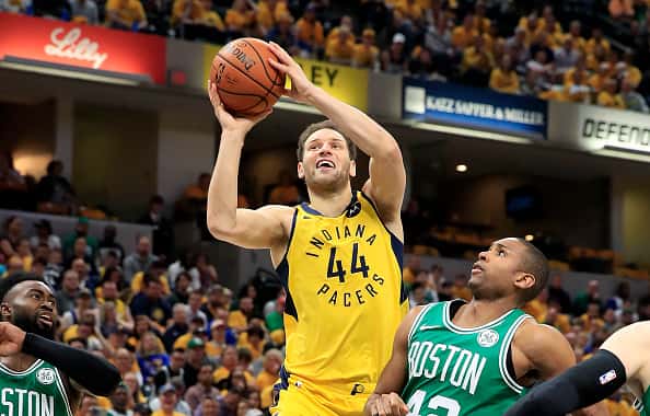 Bojan Bogdanovic #44 of the Indiana Pacers shoots the ball against the Boston Celtics in game four of the first round of the 20