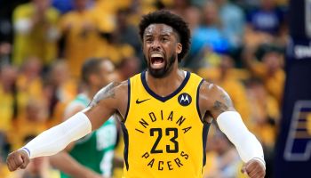 Wesley Matthews #23 of the Indiana Pacers celebrates against the Boston Celtics in game four of the first round of the 2019 NBA