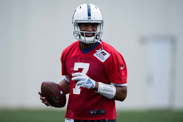 Indianapolis Colts quarterback Jacoby Brissett (7) runs through a drill during the Indianapolis Colts OTA on May 29, 2019 at the