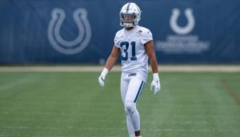 Colts cornerback Quincy Wilson gets ready for practice to start during the 2019 offseason.