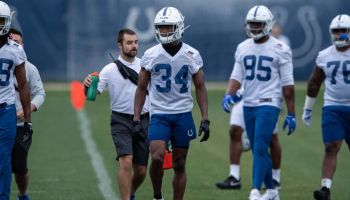 Colts rookie cornerback Rock Ya-Sin walks down the sideline during a spring practice in 2019.