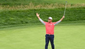 Gary Woodland of the United States celebrates on the 18th green after winning the 2019 U.S. Open