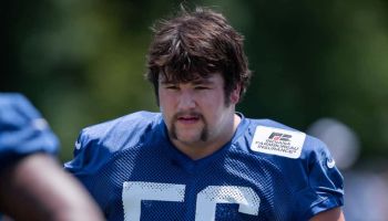 Colts offensive lineman Quenton Nelson gets ready for a 2019 camp practice at Grand Park.