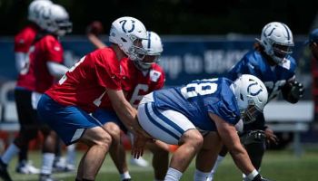 Indianapolis Colts quarterback Andrew Luck (12) and Indianapolis Colts center Ryan Kelly (78) run through a drill