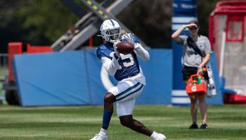 Colts wide receiver Parris Campbell makes a catch during a 2019 practice at Grand Park.