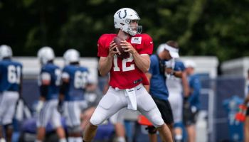 Colts quarterback Andrew Luck gets ready to throw during a Training Camp practice in 2019.