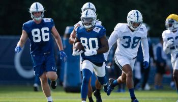 Colts wide receiver Chester Rogers runs away from the defense during a 2019 Training Camp practice.