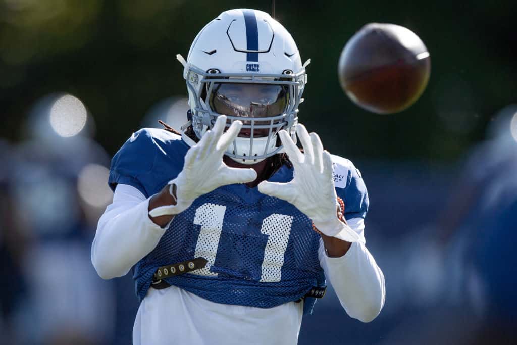 Colts wide receiver Deon Cain catches a pass during individual drills at a 2019 Training Camp practice at Grand Park.