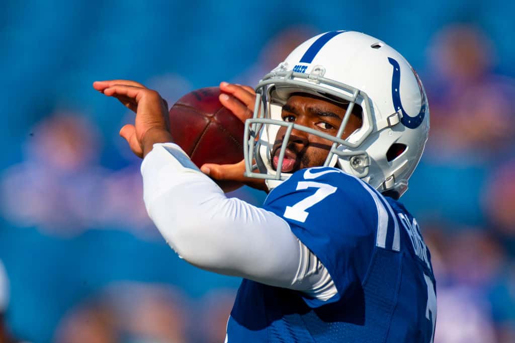Colts quarterback Jacoby Brissett warms up before the 2019 preseason opener against the Bills.