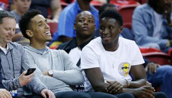 Pacers guards Victor Oladipo and Malcolm Brogdon chat during the 2019 Summer League in Las Vegas.