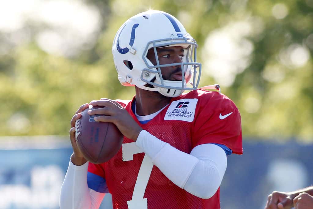 Colts quarterback Jacoby Brissett gets ready to throw at a Training Camp practice at Grand Park in 2019.