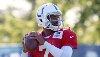 Colts quarterback Jacoby Brissett gets ready to throw at a Training Camp practice at Grand Park in 2019.