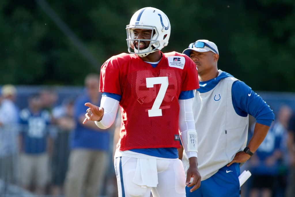 Colts quarterback Jacoby Brissett goes through early drills at a 2019 Training Camp practice at Grand Park.