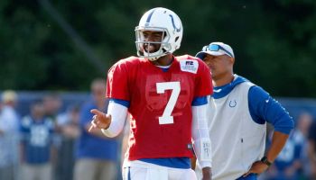 Colts quarterback Jacoby Brissett goes through early drills at a 2019 Training Camp practice at Grand Park.