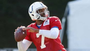 Jacoby Brissett #7 of the Indianapolis Colts throws a pass during the Colts' training camp at Grand Park