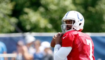 Colts quarterback Jacoby Brissett throws during a 2019 practice at Grand Park.