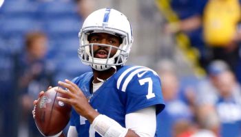 Colts quarterback Jacoby Brissett warms up during a 2019 game at Lucas Oil Stadium.