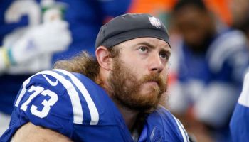 Colts offensive guard Joe Haeg looks on from the sideline during a 2019 game at Lucas Oil Stadium.