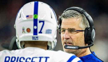 Colts head coach Frank Reich talks with quarterback Jacoby Brissett during a 2019 game.