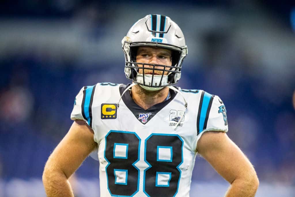 Greg Olsen #88 of the Carolina Panthers warms-up before the start of the game against the Indianapolis Colts