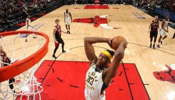 Pacers center Myles Turner dunks a ball in a 2020 game against the Bulls.