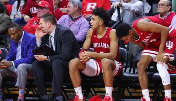 Indiana Hoosiers forward Trayce Jackson-Davis (4) on the bench during the college basketball game between Rutgers and IU