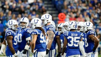 The Colts defense huddles up before a 2019 play at Lucas Oil Stadium.