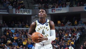 Pacers guard Victor Oladipo shoots a foul shot in a 2020 game at Bankers Life Fieldhouse.
