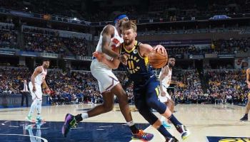 Pacers forward Domantas Sabonis tries to score in the post during a home game against the Knicks in 2020.