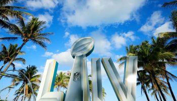 Signage is displayed near the FOX Sports South Beach studio compound prior to Super Bowl LIV