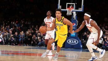Pacers guard Malcolm Brogdon drives towards the basket in a 2020 game against the Knicks.