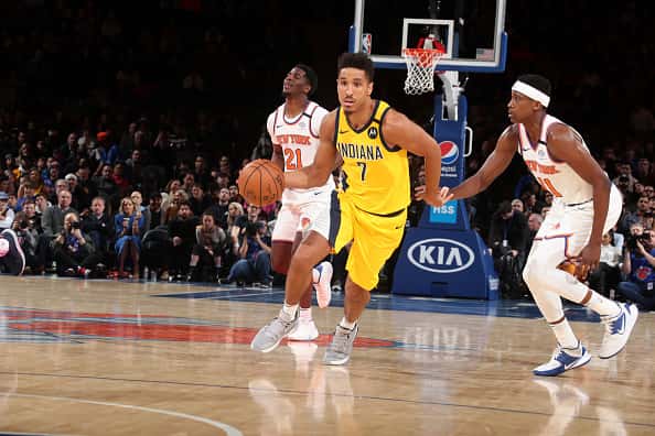 Pacers guard Malcolm Brogdon drives towards the basket in a 2020 game against the Knicks.