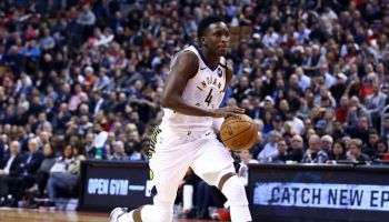 Victor Oladipo #4 of the Indiana Pacers dribbles the ball during the first half of an NBA game in Toronto