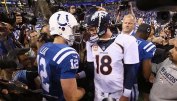 Colts quarterback Andrew Luck shakes hands with Broncos quarterback Peyton Manning after a game at Lucas Oil Stadium in 2013.