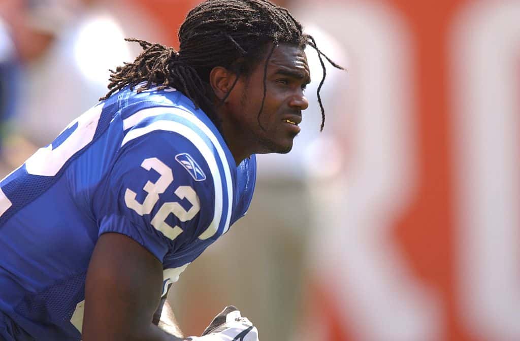 Edgerrin James #32 of the Indianapolis Colts warms up before a game against the Cleveland Browns