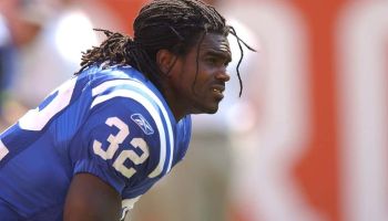 Edgerrin James #32 of the Indianapolis Colts warms up before a game against the Cleveland Browns