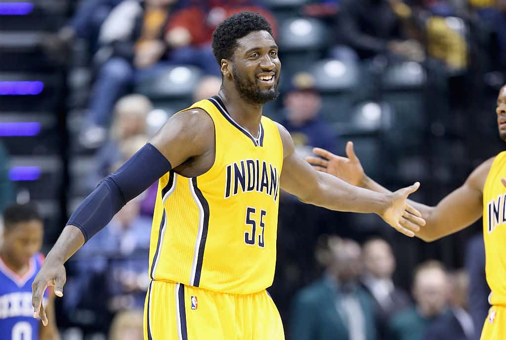 Former Indiana Pacers center Roy Hibbert celebrates during a game against the Philadelphia 76ers in 2015.
